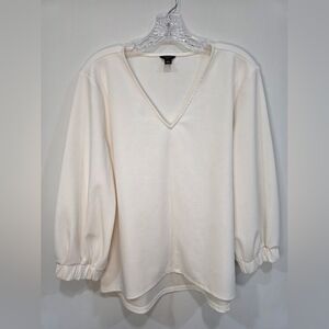 Ann Taylor Stretchy Ivory V-Neck Large P Blouse Full Sleeve Business Casual